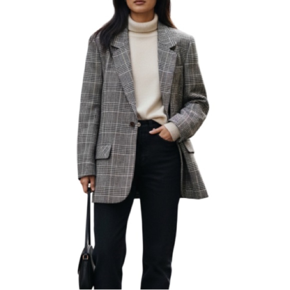VINTAGE 90s Zig Zag Wool Blend Blazer Houndstooth Plaid Padded Shoulders Boxy 6